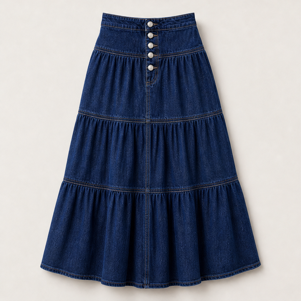 Westbloom – High-Waisted Tiered A-Line Cowboy Denim Maxi Skirt + 50% OFF Dark Blue