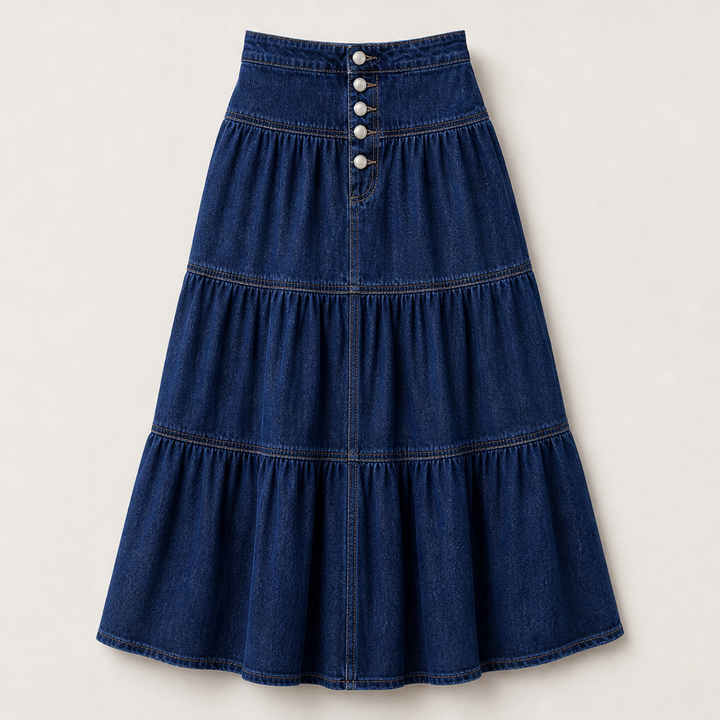 Westbloom – High-Waisted Tiered A-Line Cowboy Denim Maxi Skirt + 50% OFF Dark Blue