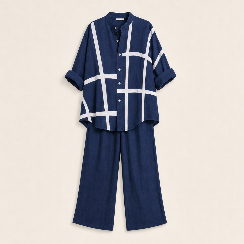 Linalour – Breathable Grid-Print Shirt &amp; Wide-Leg Pants Set + 50% OFF Navy