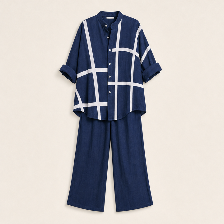 Linalour – Breathable Grid-Print Shirt &amp; Wide-Leg Pants Set + 50% OFF Navy