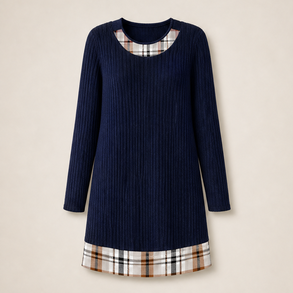 Knitfold – Layered-Look Ribbed Knit Tunic Dress with Plaid Trim + 50% OFF Navy