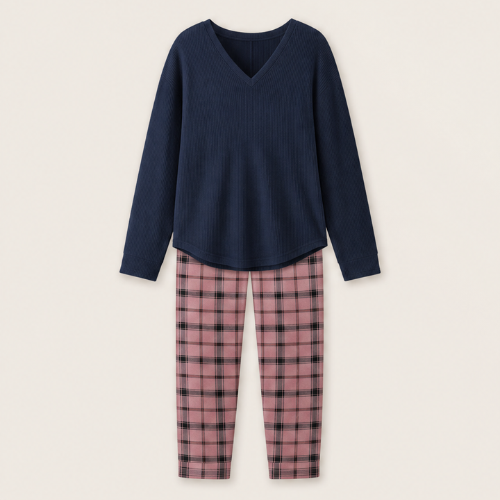 Nestcove – Ribbed Knit Top and Plaid Legging Loungewear Set + 50% OFF Navy