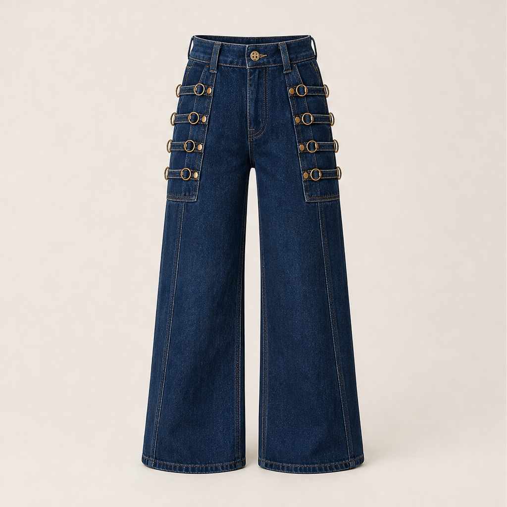 Buckridge – Gold Ring Buckle Wide-Leg High-Waist Cargo Jeans + 50% OFF Dark Blue