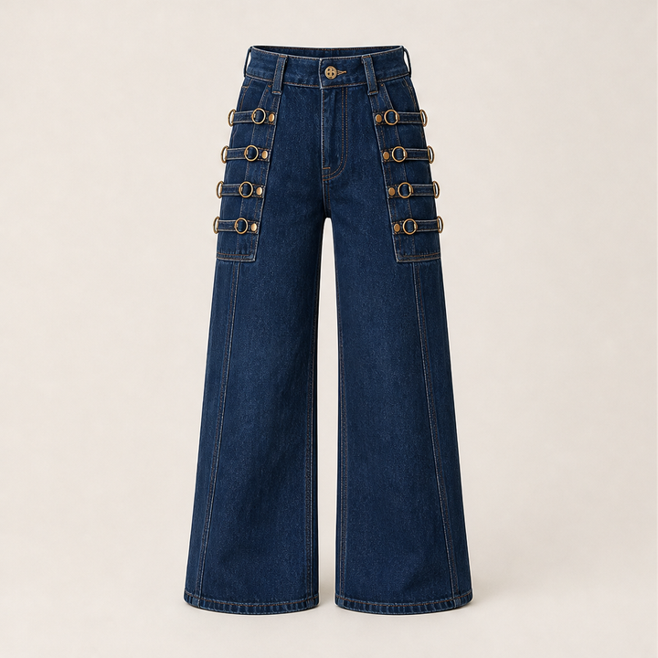 Buckridge – Gold Ring Buckle Wide-Leg High-Waist Cargo Jeans + 50% OFF Dark Blue