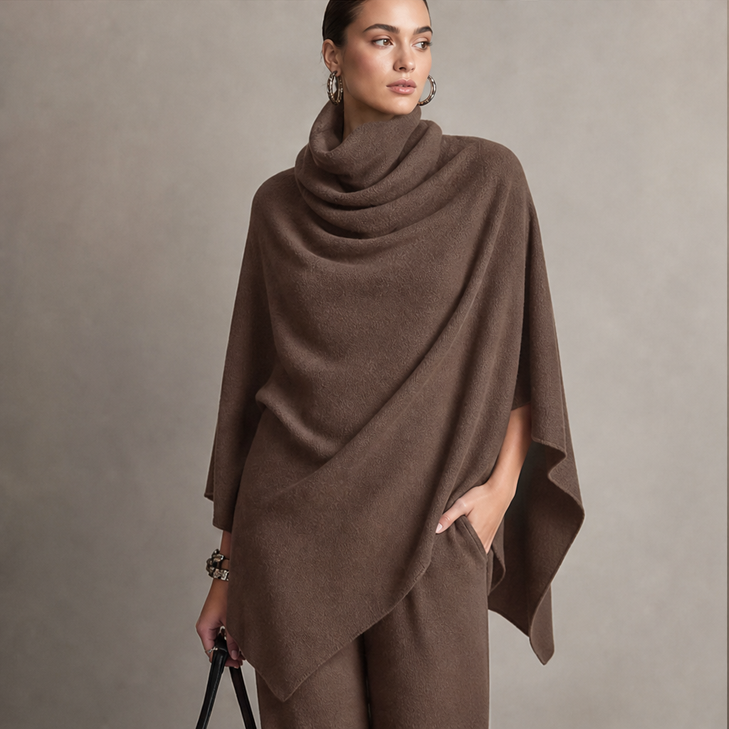 Draperie – Draped Turtleneck Cape &amp; Wide-Leg Pants Set + 50% OFF features
