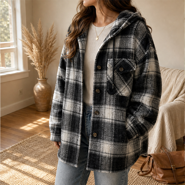 Hearthfold – Cozy Plaid Sherpa-Lined Hooded Jacket + 50% OFF features
