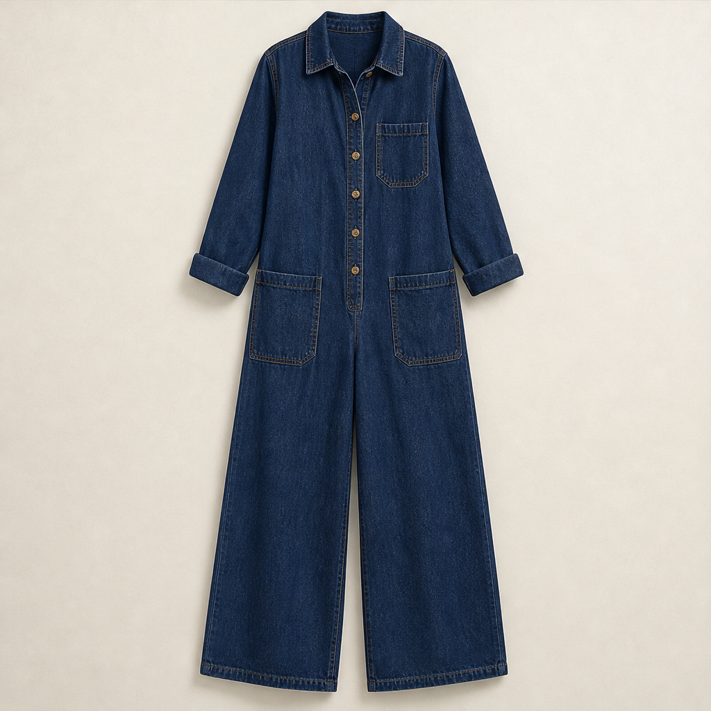 Wrenfield – Collared Wide-Leg Denim Jumpsuit + 50% OFF Navy