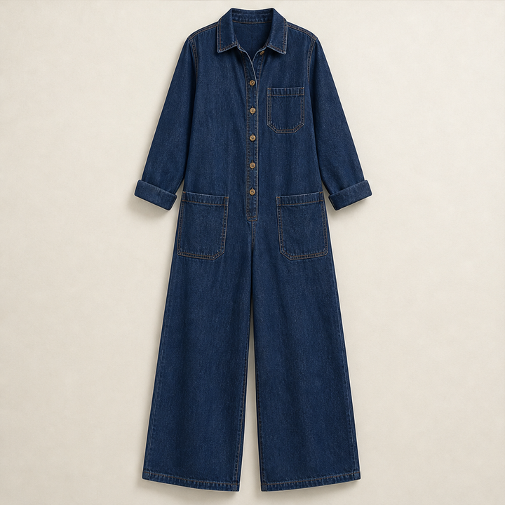 Wrenfield – Collared Wide-Leg Denim Jumpsuit + 50% OFF Navy