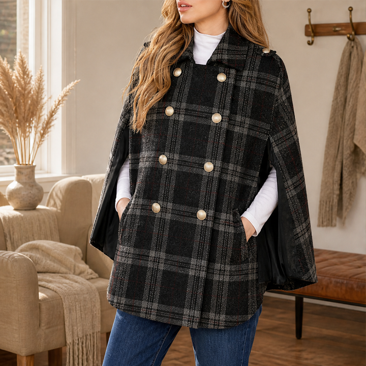 Camryn Hale – Plaid Statement-Button Cape Coat + 50% OFF features