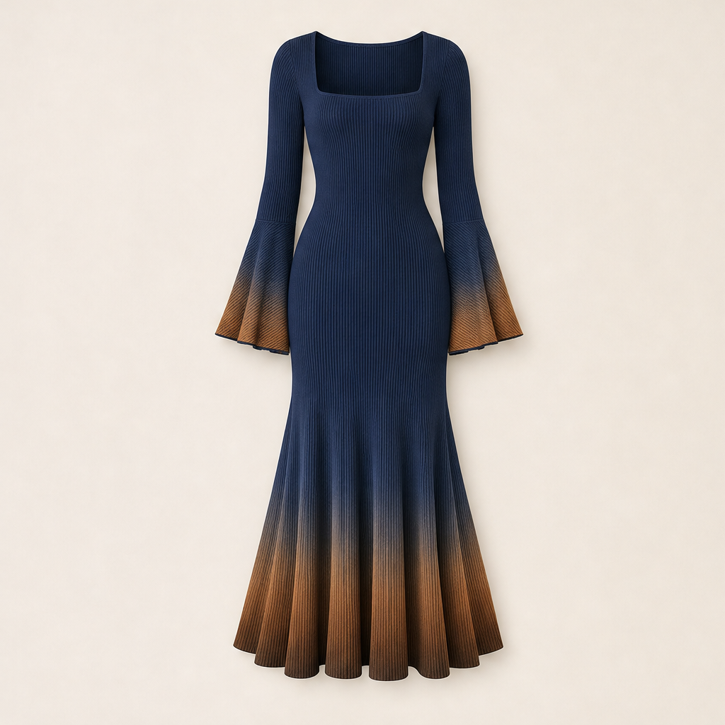 Sablecroft – Ombre Ribbed Knit Fitted Mermaid Midi Dress + 50% OFF Navy
