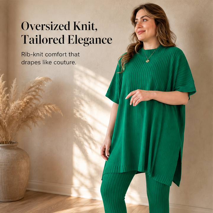 Ribleigh – Oversized Rib-Knit Top &amp; Trouser Two-Piece Set + 50% OFF features