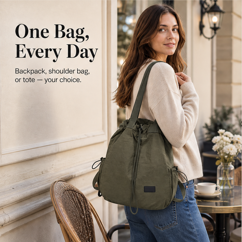 Rovena – 3-Way Convertible Drawstring Tote Backpack + 50% OFF features