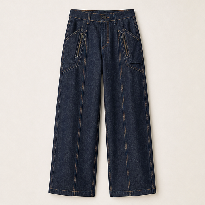 Denwick – Faux Denim Stretch Cargo Pants with Zip Pockets + 50% OFF Navy