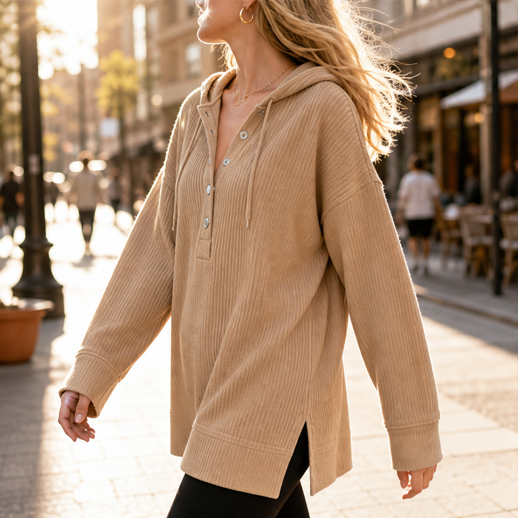 Ribwick – Ribbed Knit V-Neck Hooded Pullover with Side Slits + 50% OFF features