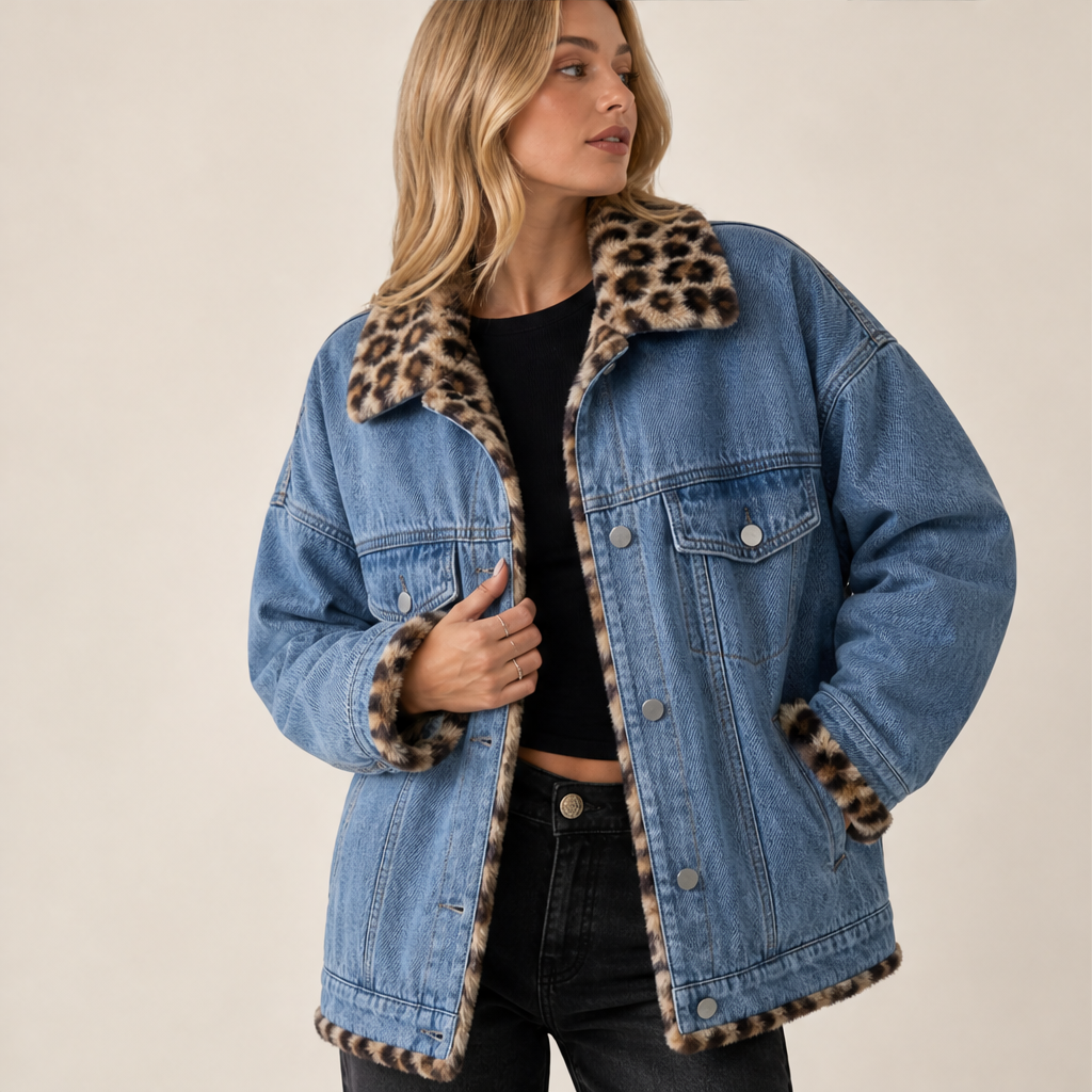 Savann Row – Reversible Leopard Lined Oversized Denim Jacket + 50% OFF features