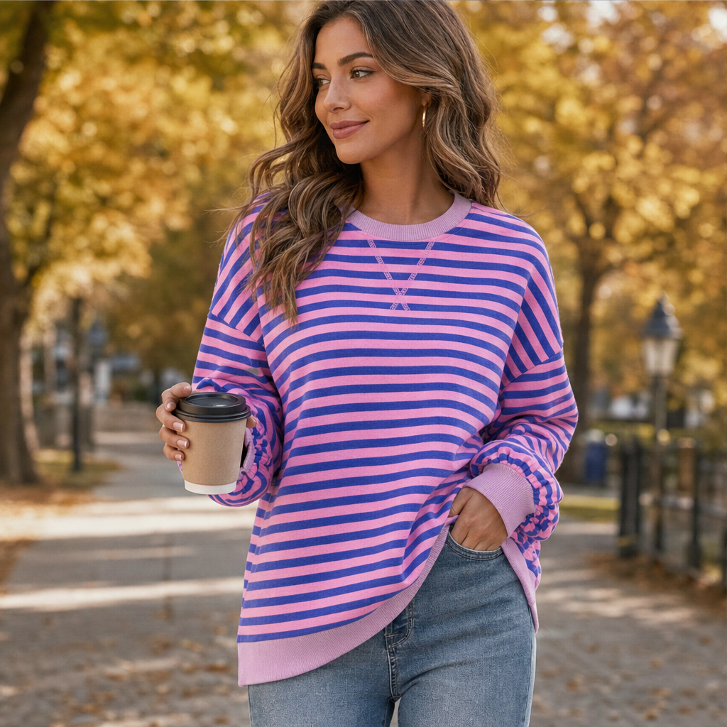 Cozelle – Striped Lantern-Sleeve Oversized Pullover Sweatshirt + 50% OFF features