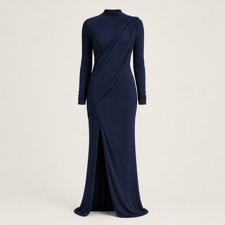 Solvienne – Draped High Neck High Slit Evening Gown + 50% OFF Navy