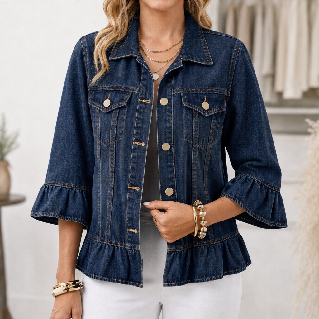 Ruffleigh – Ruffle Cuff Peplum Fit Washed Denim Jacket + 50% OFF Navy