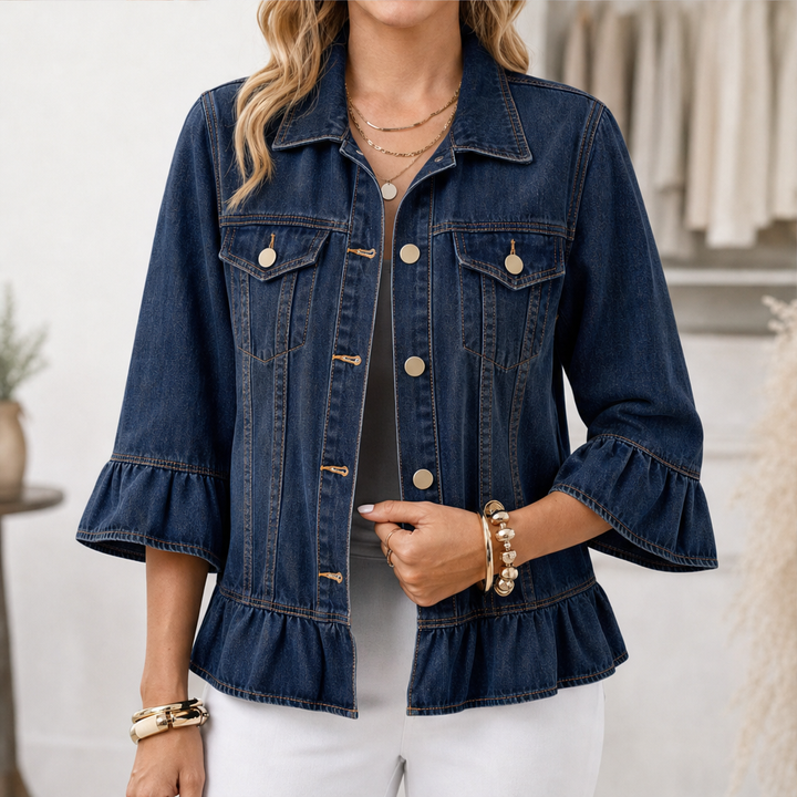 Ruffleigh – Ruffle Cuff Peplum Fit Washed Denim Jacket + 50% OFF Navy