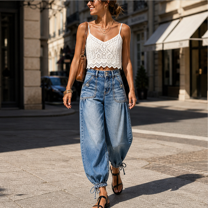Barrelune – High Waisted Stretch Barrel Jeans with Tie Ankle Hem + 50% OFF features