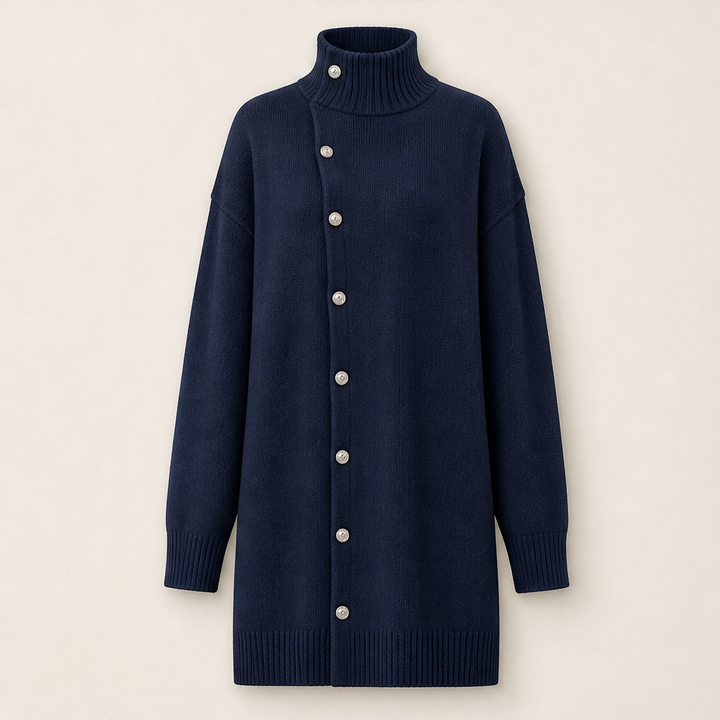 Millbron – Oversized Turtleneck Cardigan with Asymmetrical Buttons + 50% OFF Navy