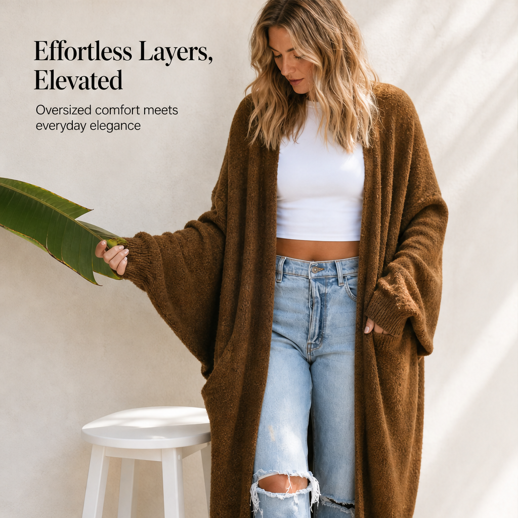 Draperlyn – Oversized Open-Front Knit Cardigan with Pockets + 50% OFF features