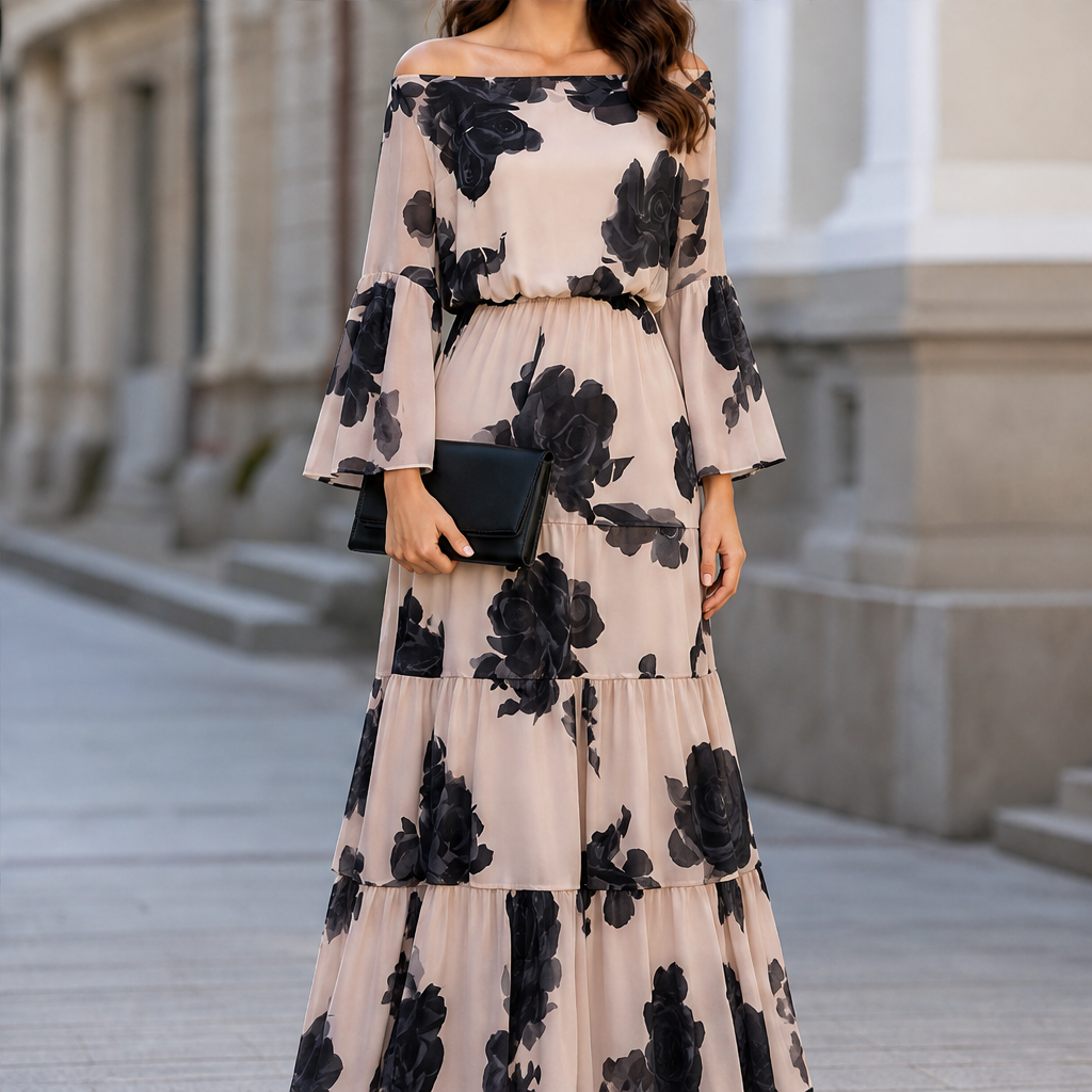 Rosemere – Off-Shoulder Floral Ruffle Hem Maxi Dress + 50% OFF Beige