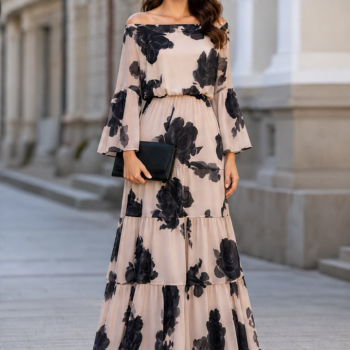 Rosemere – Off-Shoulder Floral Ruffle Hem Maxi Dress + 50% OFF Beige