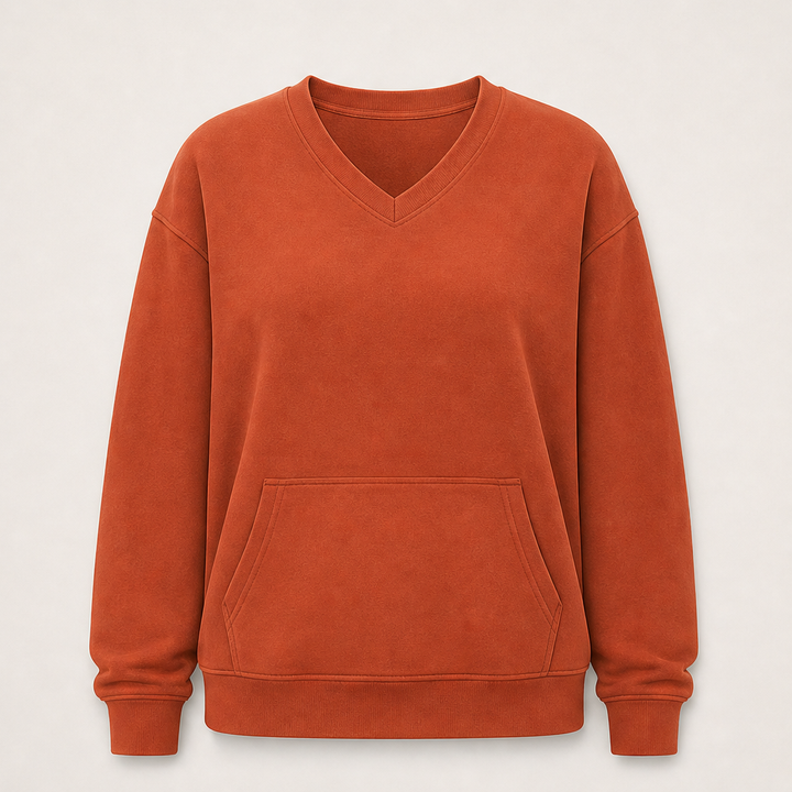 Softmere – Kangaroo Pocket V-Neck Oversized Sweatshirt + 50% OFF Rust