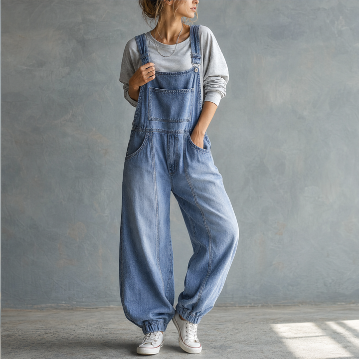 Wanderloom – Oversized Adjustable-Strap Washed Denim Overalls + 50% OFF features