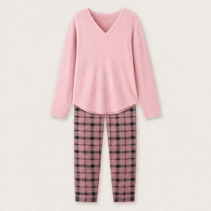 Nestcove – Ribbed Knit Top and Plaid Legging Loungewear Set + 50% OFF Pink