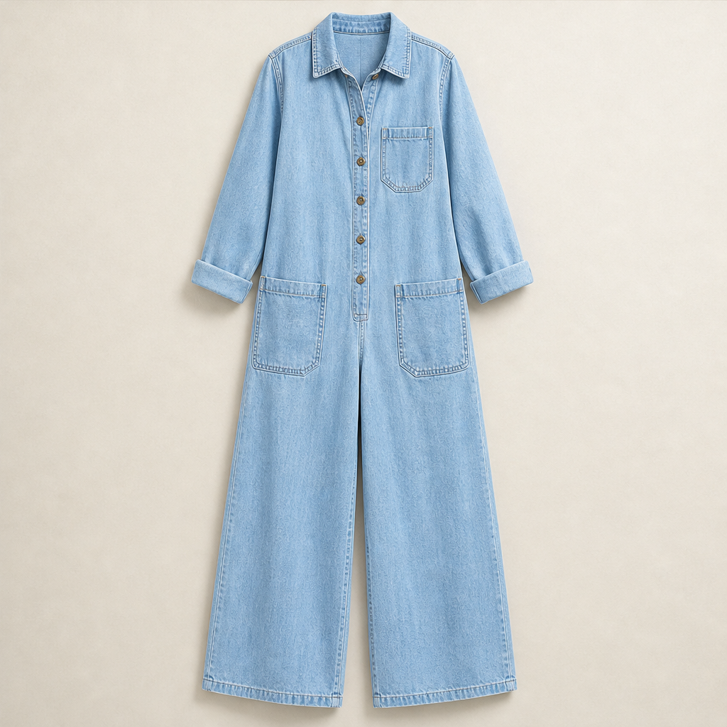 Wrenfield – Collared Wide-Leg Denim Jumpsuit + 50% OFF Light Blue