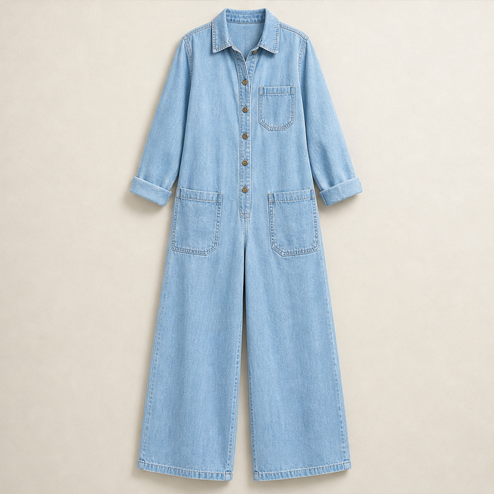 Wrenfield – Collared Wide-Leg Denim Jumpsuit + 50% OFF Light Blue