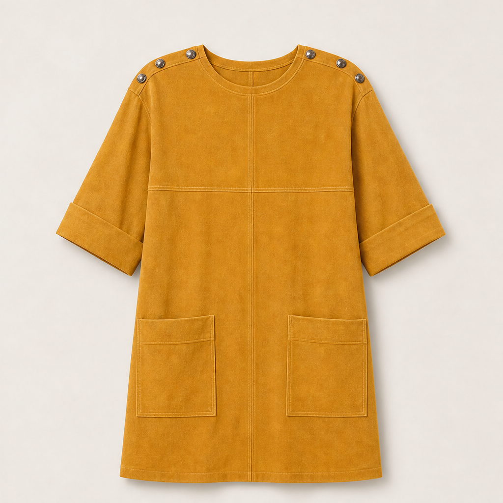 Suedona – Buttoned Shoulder Faux Suede Mini Dress with Pockets + 50% OFF Mustard Yellow