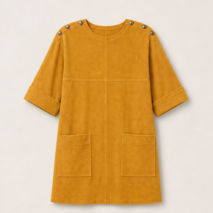 Suedona – Buttoned Shoulder Faux Suede Mini Dress with Pockets + 50% OFF Mustard Yellow
