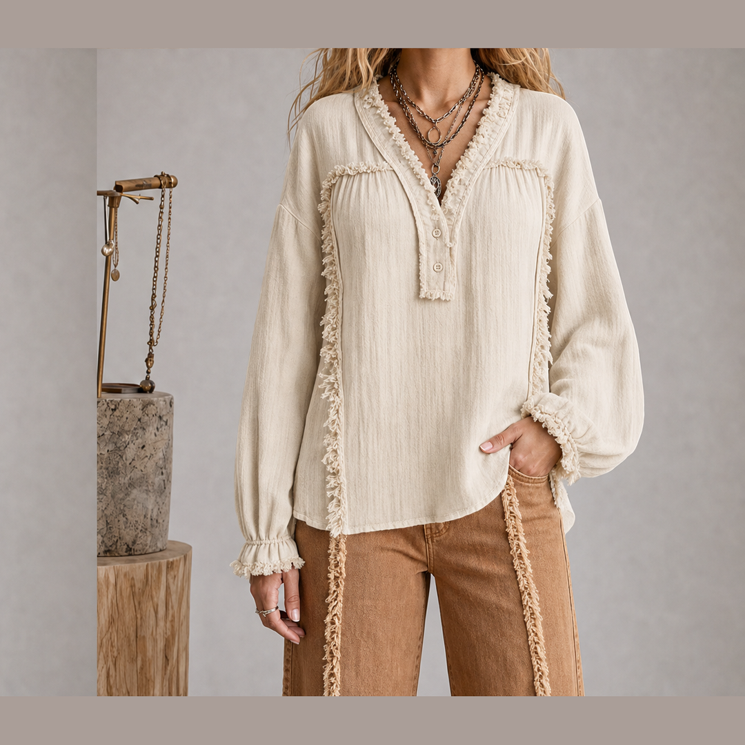 Frayvel – Raw-Frayed Trim Boho Long-Sleeve Shirt + 50% OFF Beige