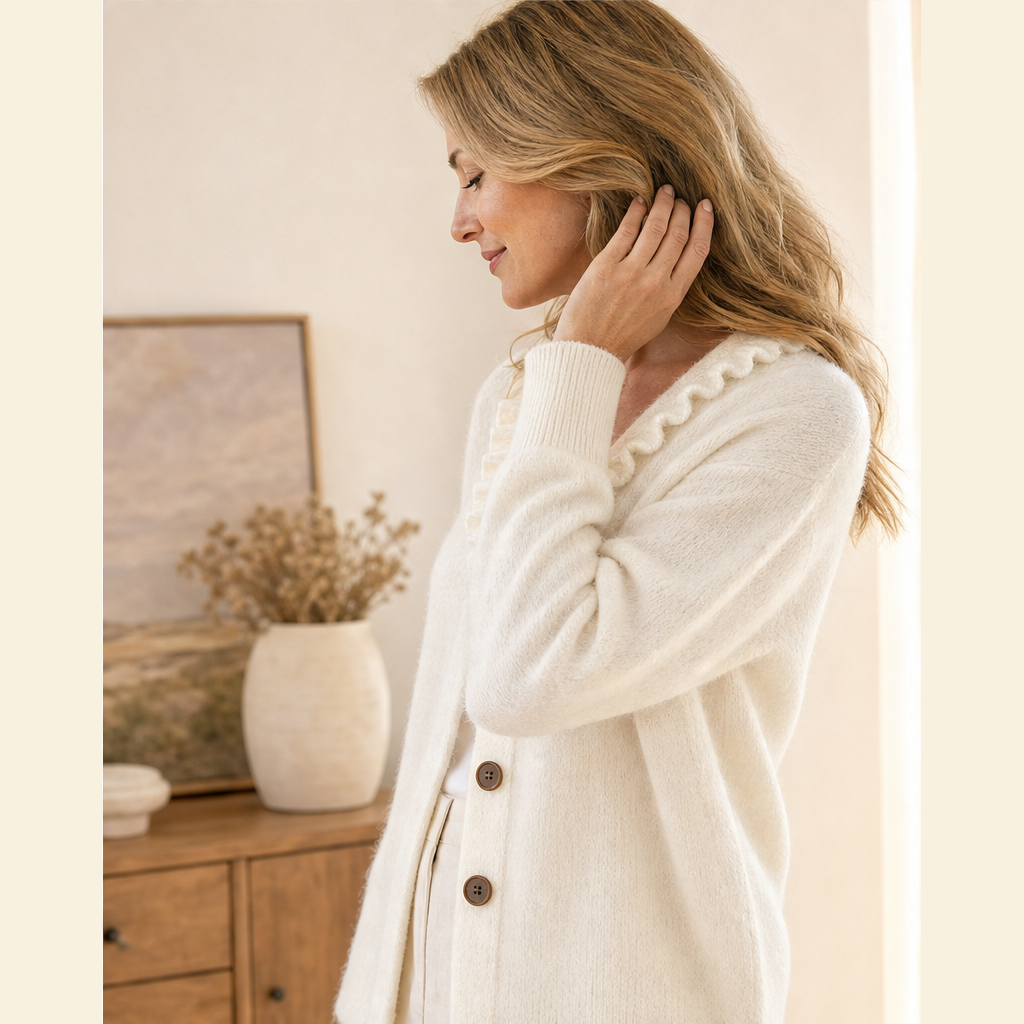Cozelle – Ruffle Collar Soft Knit Button-Down Cardigan + 50% OFF features