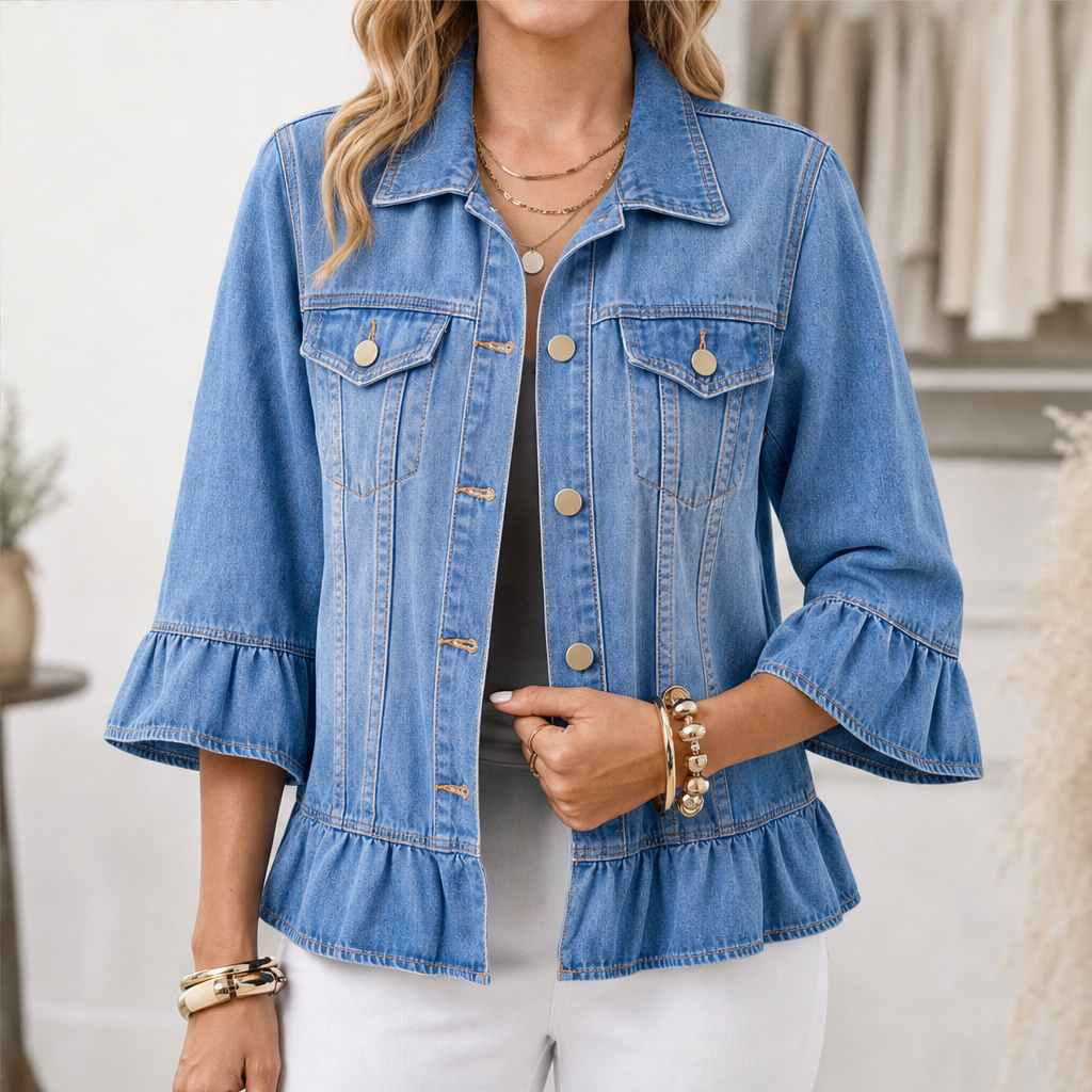 Ruffleigh – Ruffle Cuff Peplum Fit Washed Denim Jacket + 50% OFF Blue