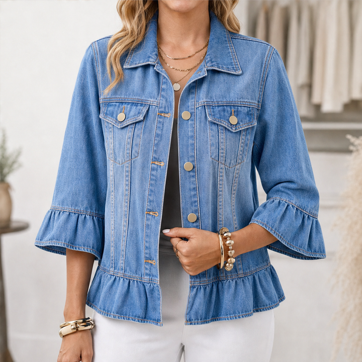 Ruffleigh – Ruffle Cuff Peplum Fit Washed Denim Jacket + 50% OFF Blue
