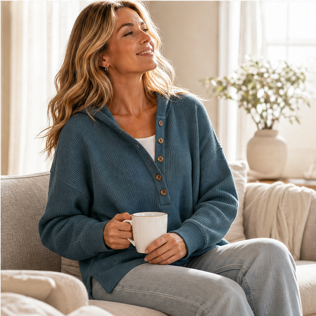 Warmholm – Waffle Knit Henley Hoodie Top + 50% OFF features