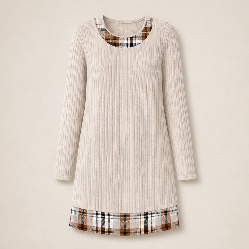 Knitfold – Layered-Look Ribbed Knit Tunic Dress with Plaid Trim + 50% OFF Beige