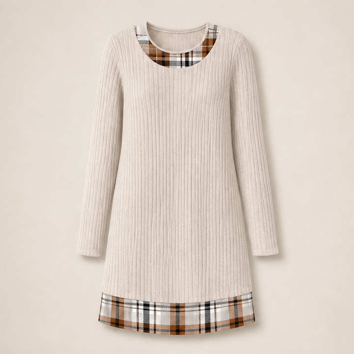 Knitfold – Layered-Look Ribbed Knit Tunic Dress with Plaid Trim + 50% OFF Beige