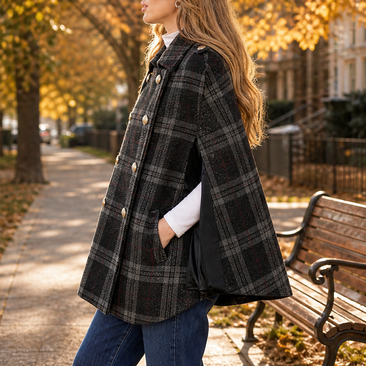 Camryn Hale – Plaid Statement-Button Cape Coat + 50% OFF features