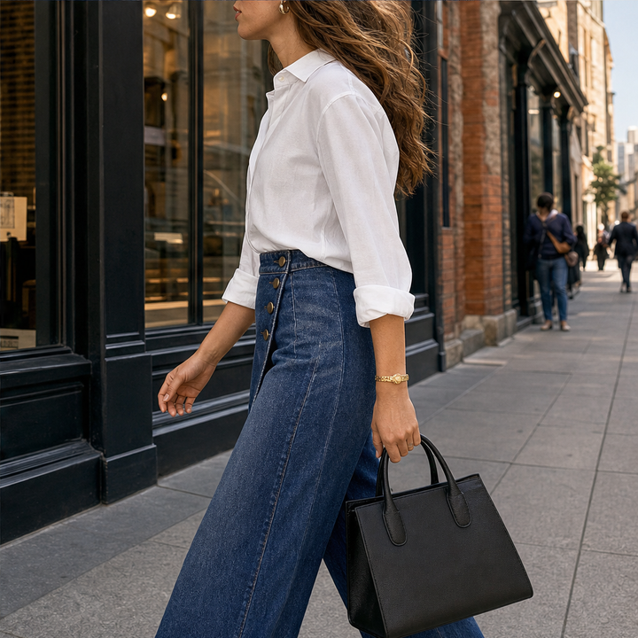 Marlowick – Asymmetrical Wrap-Front High-Waist Wide-Leg Jeans + 50% OFF features