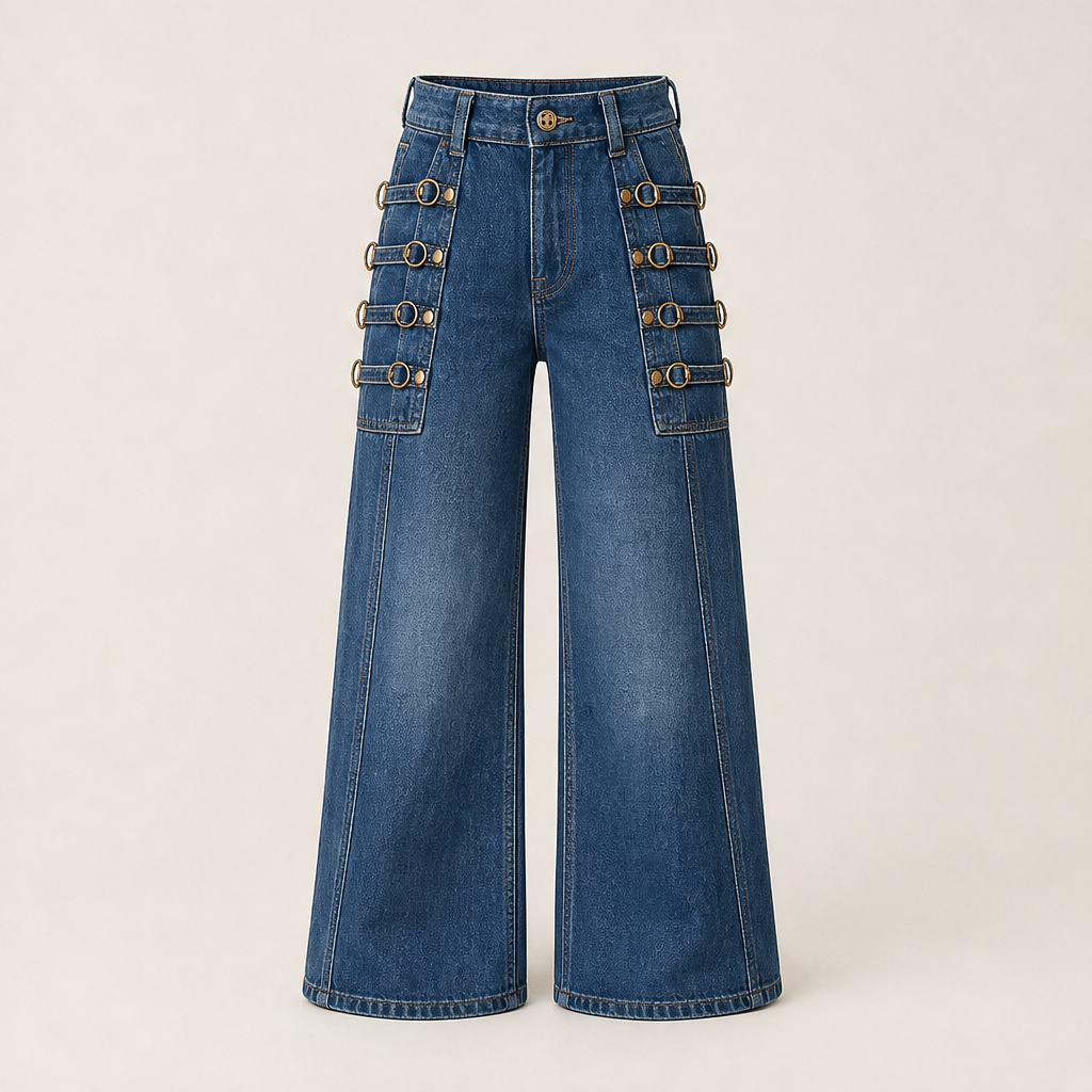 Buckridge – Gold Ring Buckle Wide-Leg High-Waist Cargo Jeans + 50% OFF Medium Blue