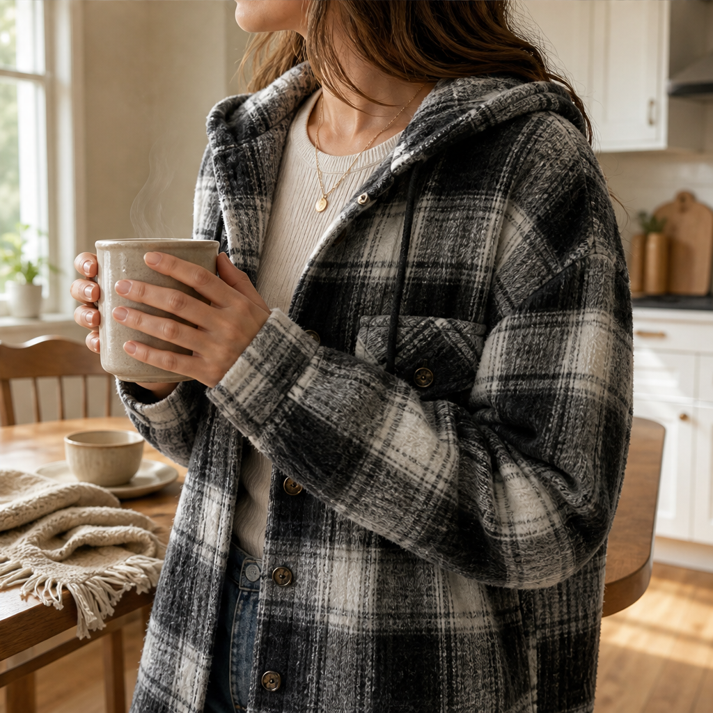Hearthfold – Cozy Plaid Sherpa-Lined Hooded Jacket + 50% OFF features