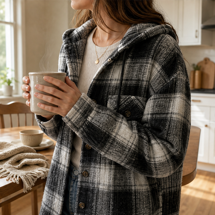 Hearthfold – Cozy Plaid Sherpa-Lined Hooded Jacket + 50% OFF features