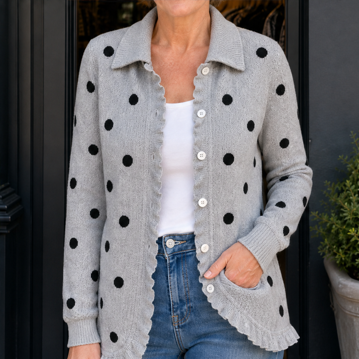 Marlowick – Ruffle Trim Polka Dot Knit Cardigan + 50% OFF Grey