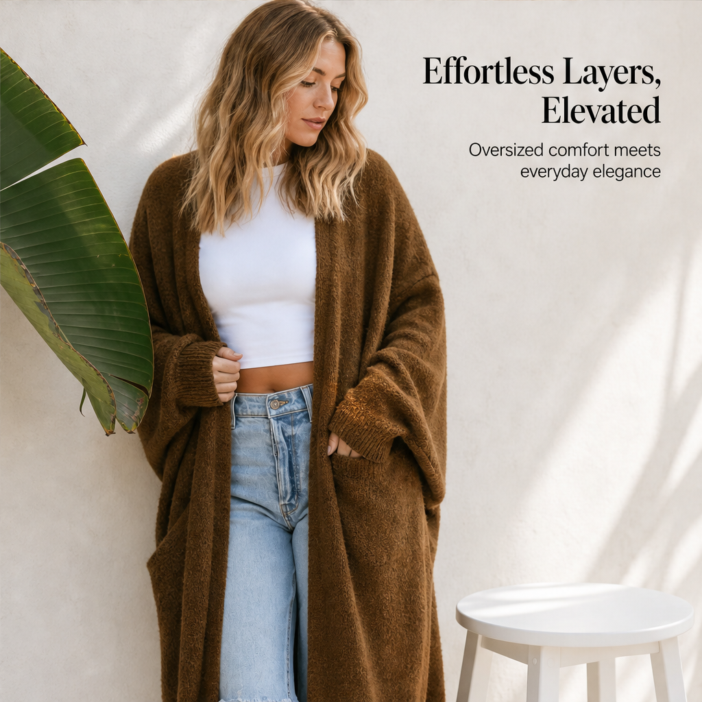 Draperlyn – Oversized Open-Front Knit Cardigan with Pockets + 50% OFF features