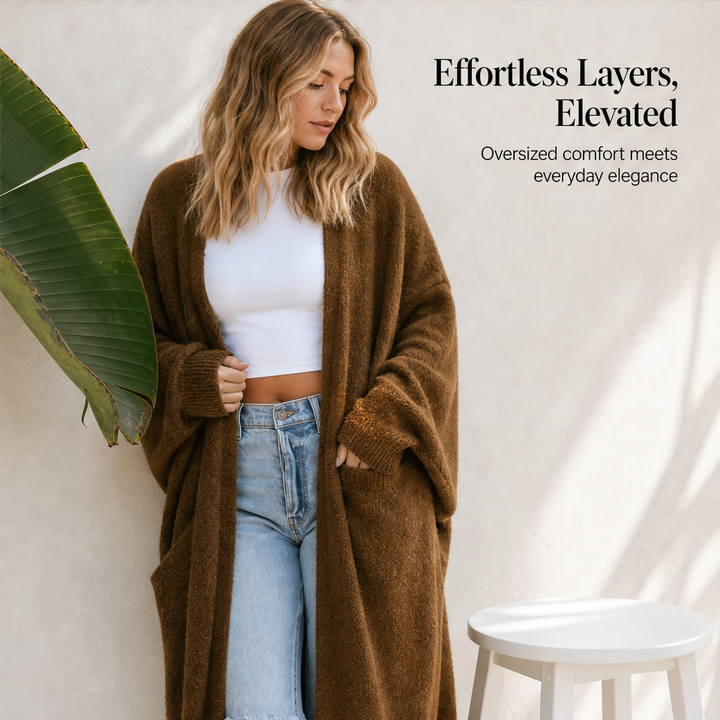 Draperlyn – Oversized Open-Front Knit Cardigan with Pockets + 50% OFF features